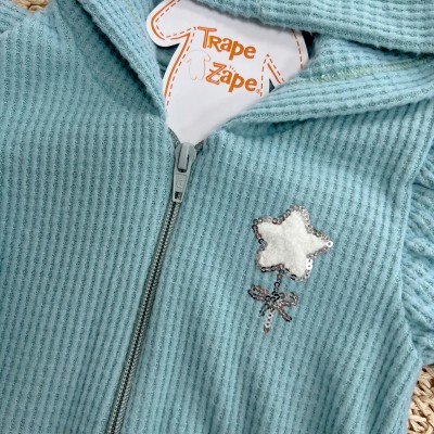 Conj. Jaqueta com Capuz Flor de Estrelinha e Calça em Malha Wafle - Verde